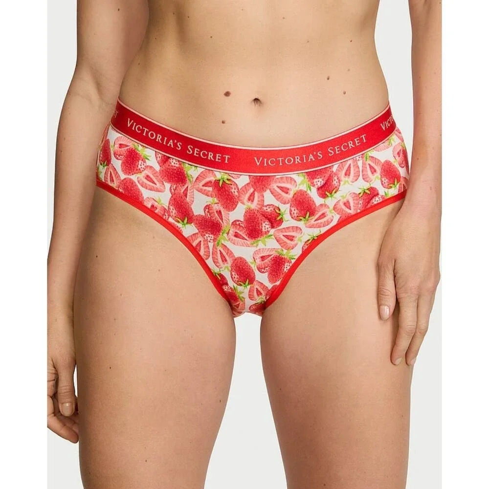Victoria Secret‎ Strawberry print Cotton Hiphugger Panty Red White Logo